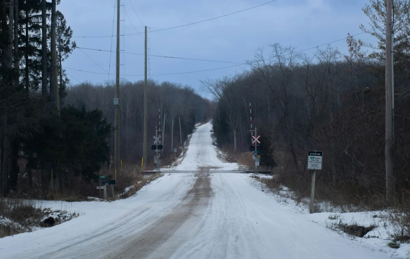 a snow covered road in the middle of a forest, not train tracks, slide show, midwest town, 2022 photograph