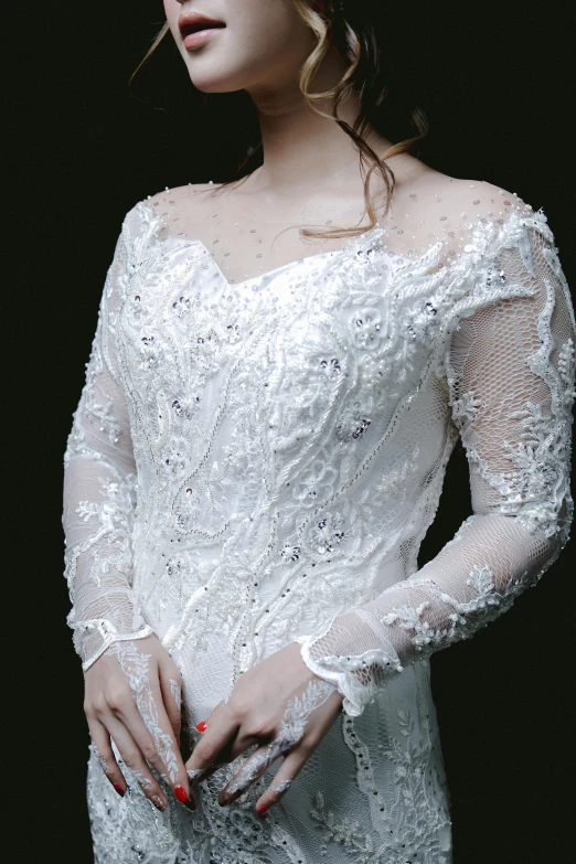 a woman in a wedding dress posing for a picture, detailed lacework, wearing ice crystals, promo photo, close up front view