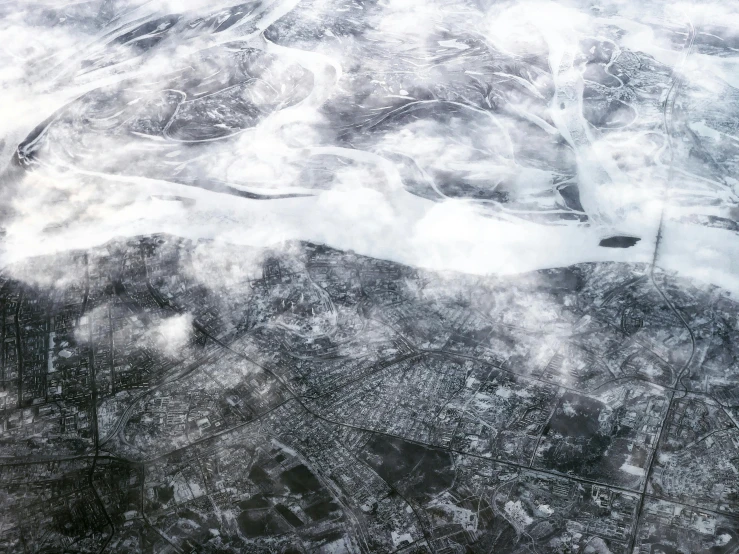 an aerial view of a city surrounded by clouds, an ultrafine detailed painting, pexels contest winner, conceptual art, icy landscape, photo of war, montreal, close-up print of fractured