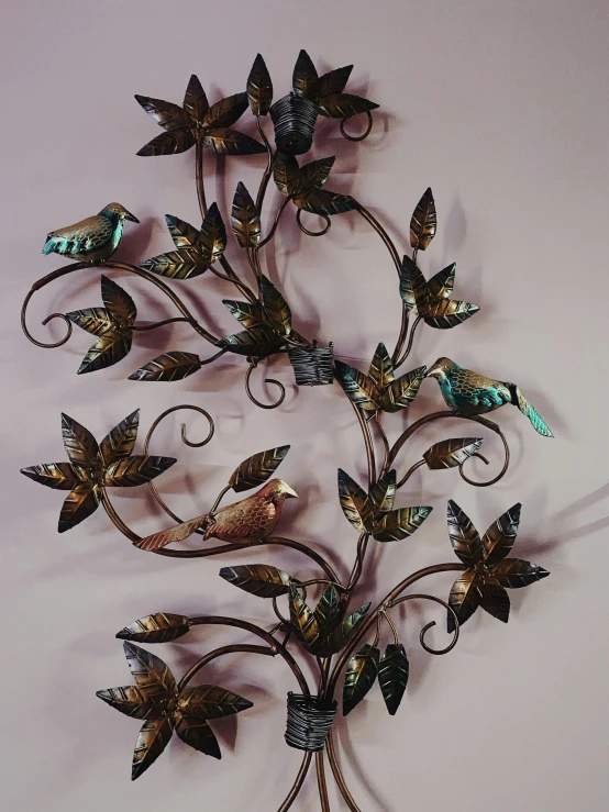 a metal sculpture of a tree with birds on it, by Hannah Tompkins, verdant plant wall, brown, multi colour, sconces