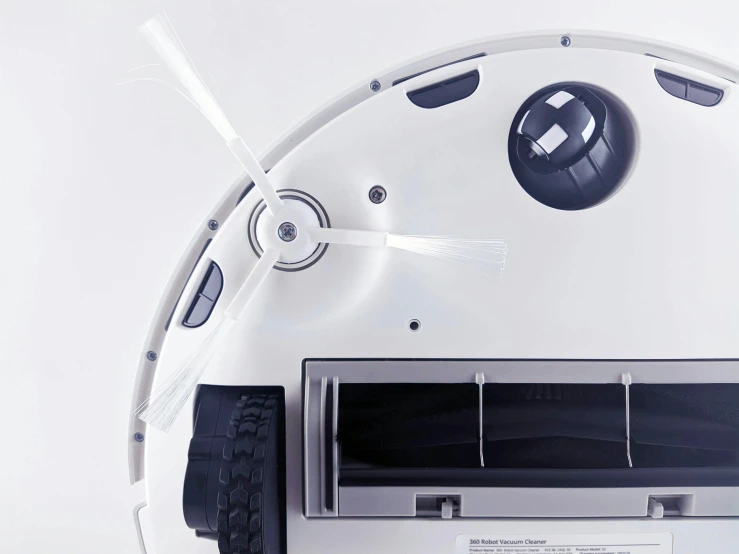 a close up of a robot on a white surface, vacuum, rear facing, clear curvy details, product view