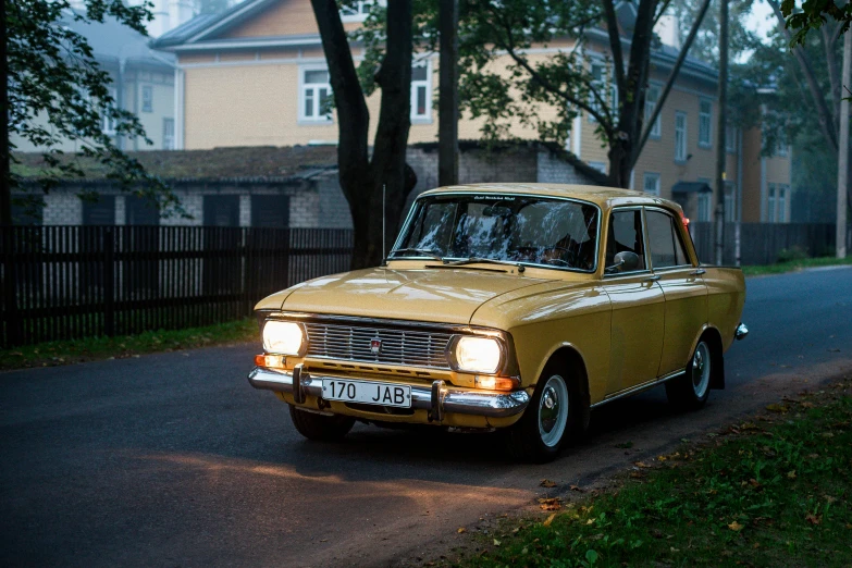 a yellow car parked on the side of a road, pexels contest winner, socialist realism, russian lada car, early evening, square, a wooden