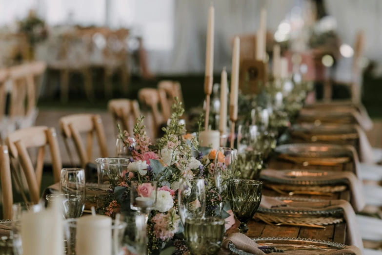 a long table with candles and flowers on it, pexels contest winner, muted pastels, alana fletcher, fan favorite, meadows