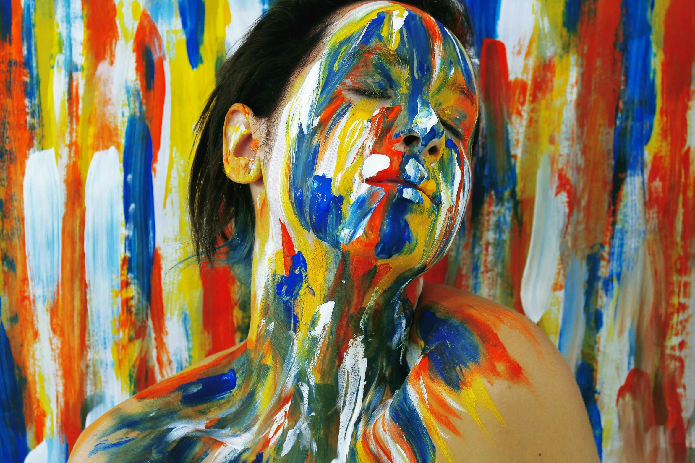 a painting of a woman with paint all over her face, a photorealistic painting, inspired by Juliusz Kossak, flickr, full - body art, primary colours, trending on deviantarthq”, thick impasto paint