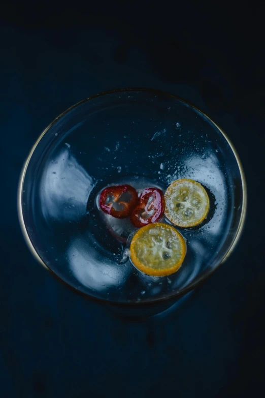 a glass filled with fruit sitting on top of a table, a portrait, inspired by Carlo Martini, pexels, peeled lemons, chilly dark mood, top down shot, made of ice