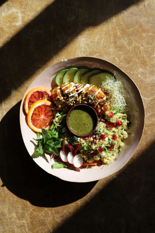 a close up of a plate of food on a table, jade green, bowl filled with food, daily specials, front facing shot