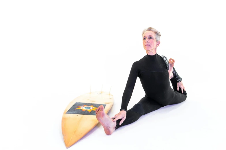 a woman sitting on the ground next to a surfboard, a portrait, by Ellen Gallagher, doing splits and stretching, set against a white background, promotional photo, center view