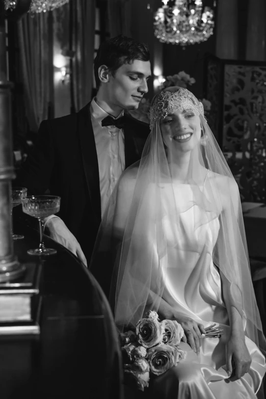 a black and white photo of a bride and groom, by Dan Frazier, renaissance, 1 9 2 0 s style, chaumet style, show, els