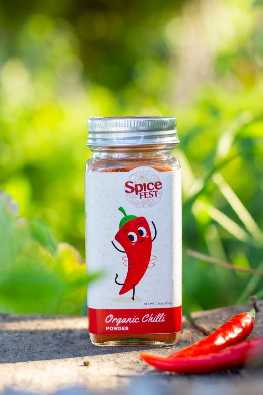 a jar of spice sitting on top of a table, a cartoon, official product photo, spike pit, organic, chilly