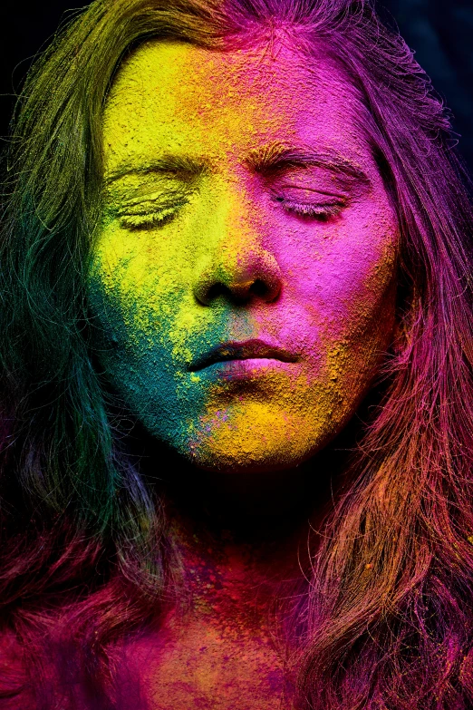 a woman with colored paint on her face, a colorized photo, inspired by Gabriel Dawe, muted deep neon color, covered in dust, mdma, leesha hannigan