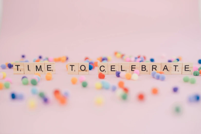 the word time to celebrate spelled in scrabbles, by Emma Andijewska, trending on unsplash, aestheticism, pastel vibe, met gala, i'm here, avatar image