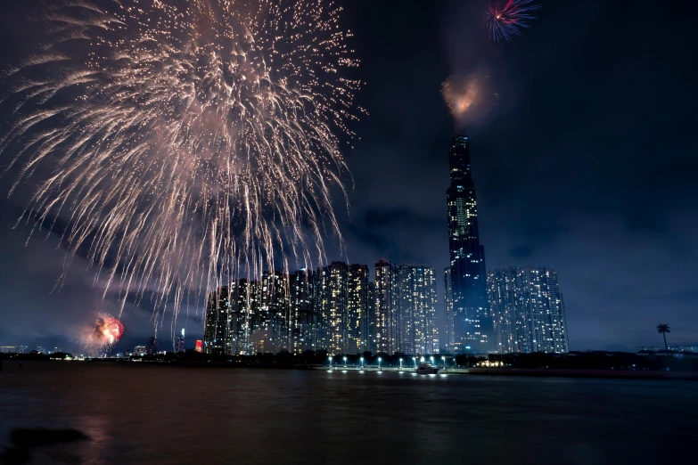 a beautiful fireworks display over the city and its surroundings