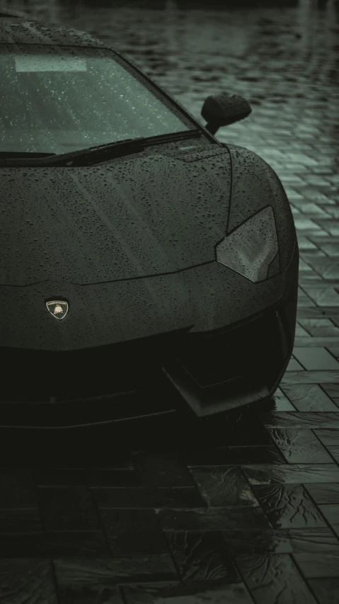 a black sports car parked on a cobblestone street, an album cover, unsplash, brutal shapes high detail 8k, lamborghini, rainy wet, octane render - n 6