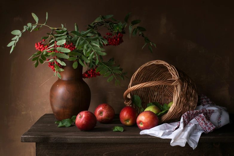 a basket of apples sitting on top of a wooden table, a still life, inspired by Caravaggio, shutterstock contest winner, olive green and venetian red, ukrainian, studio medium format photograph, brown