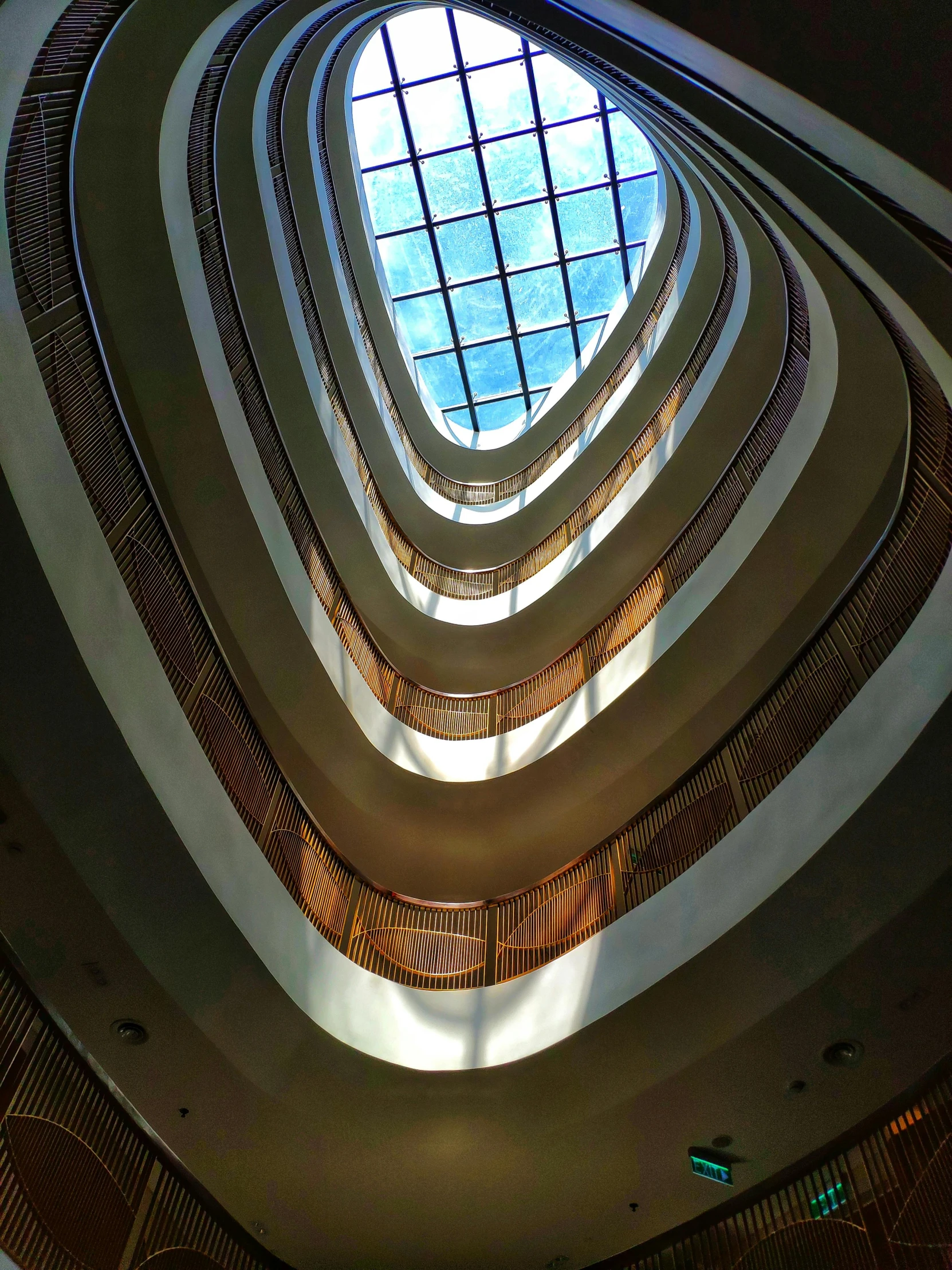 an inside view of an building with multiple circular windows