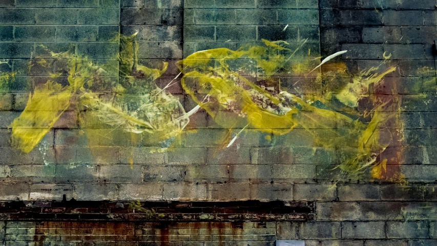 a fire hydrant sitting in front of a brick wall, inspired by Sigmar Polke, lyrical abstraction, yellow and greens, multiple exposure, medium [ graffiti, wind - swept