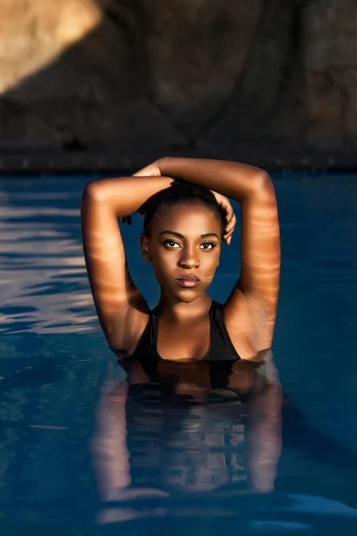 a woman in a black bikini sitting in a pool, by Niko Henrichon, pexels contest winner, portrait of ororo munroe, : kendrick lamar, attractive face and body, spa