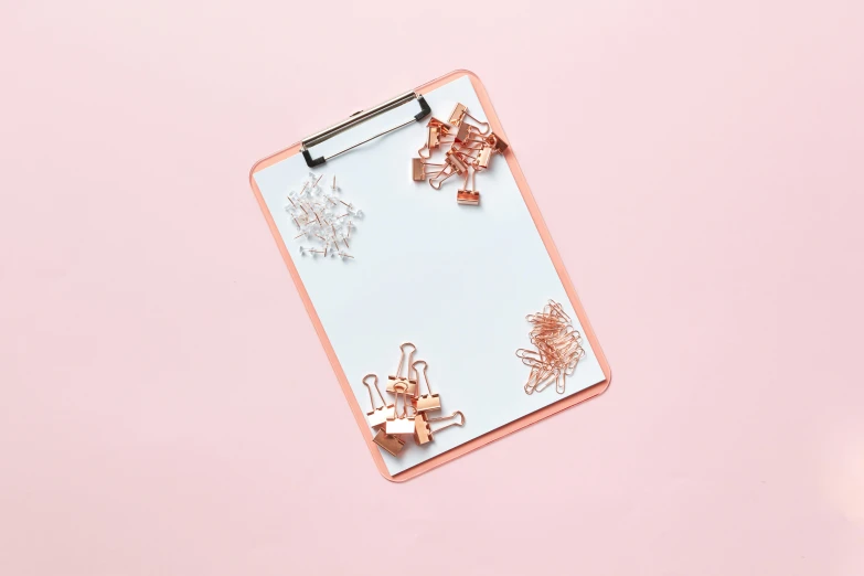 a clipboard sitting on top of a pink surface, copper spiral hair decorations, set against a white background, on a gray background, brightly-lit