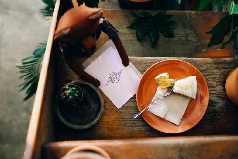 a plate of food sitting on top of a wooden table, a still life, mail art, plants and patio, parchment paper, pastry lizard, instagram picture