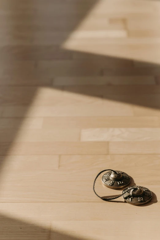 a pair of shoes sitting on top of a wooden floor, by Nina Hamnett, unsplash, raytracing shadows, bronze headset, morning detail, bells