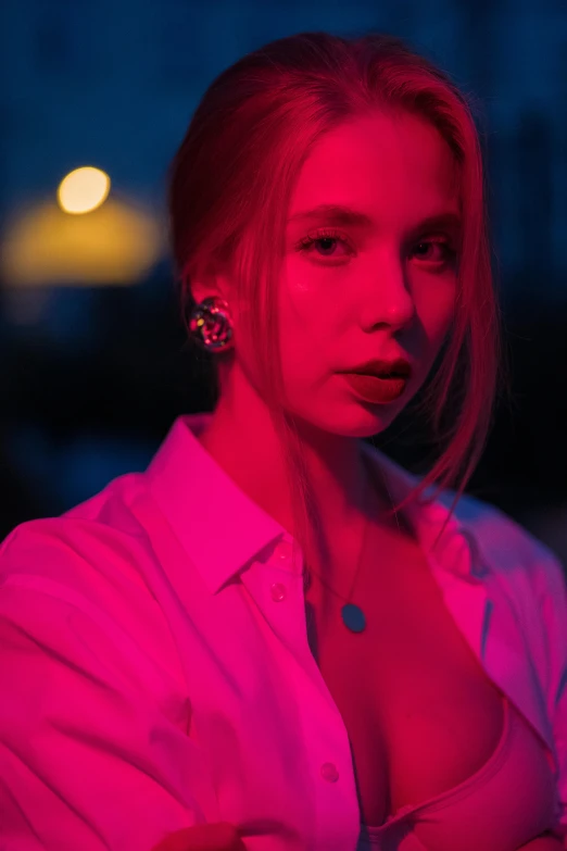 a woman standing in front of a red light, a colorized photo, inspired by Elsa Bleda, unsplash, digital art, portrait of scarlett johansson, pink and blue lighting, maxim sukharev, headshot profile picture