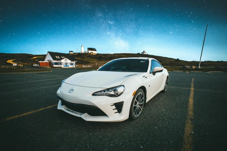 a white sports car sits in a parking lot