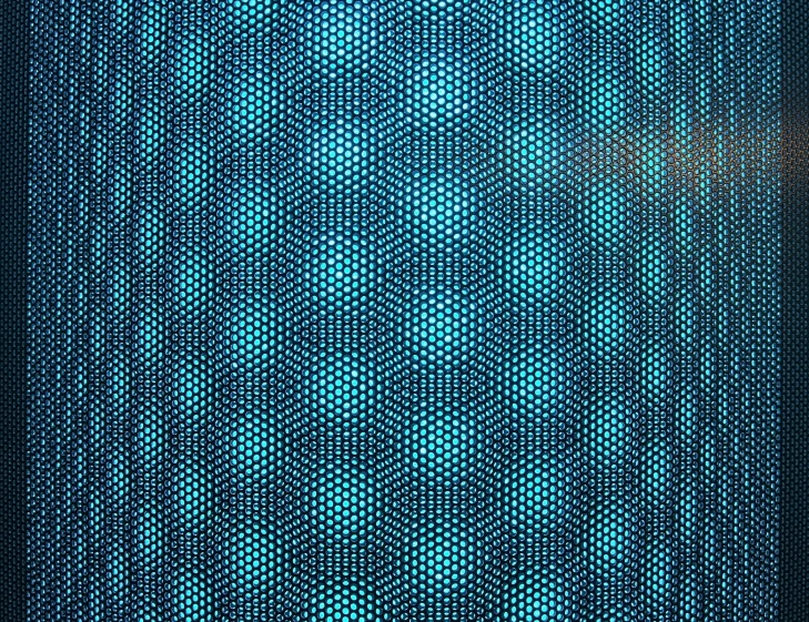 a close up of a shower curtain in a bathroom, by Jon Coffelt, kinetic pointillism, cyan dimensional light, hexagonal pattern, detailed cloth, blue and black color scheme))