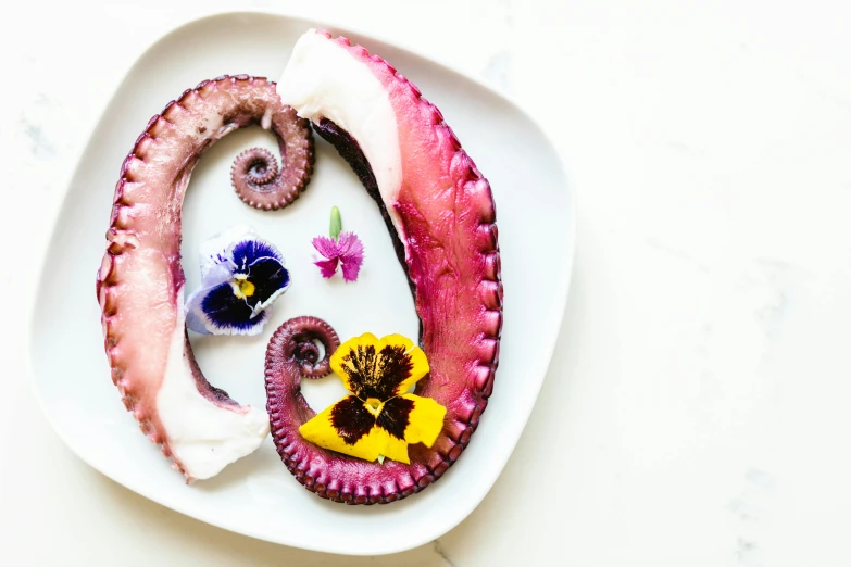 a close up of a plate of food on a table, inspired by Kanō Tan'yū, trending on unsplash, fantastic realism, octopus tentacles, edible flowers, set against a white background, spiraling