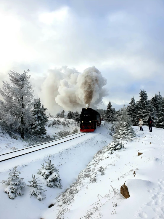 a train is coming down the tracks in the snow, a photo, pexels contest winner, art nouveau, plumes of smoke in background, thumbnail, outside winter landscape, profile pic