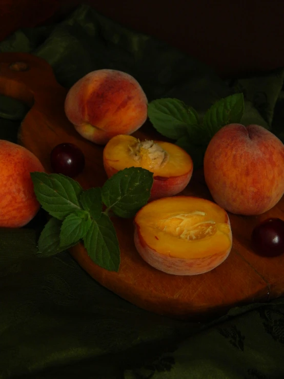 a wooden cutting board topped with sliced peaches and cherries, by Jacob de Heusch, pexels contest winner, photorealism, dark backdrop, basil gogos, profile image, hyperdetailed!
