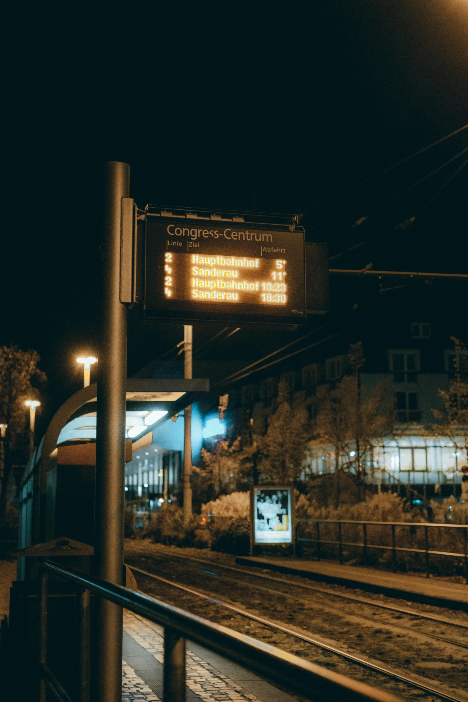 a sign sits on the side of a train track