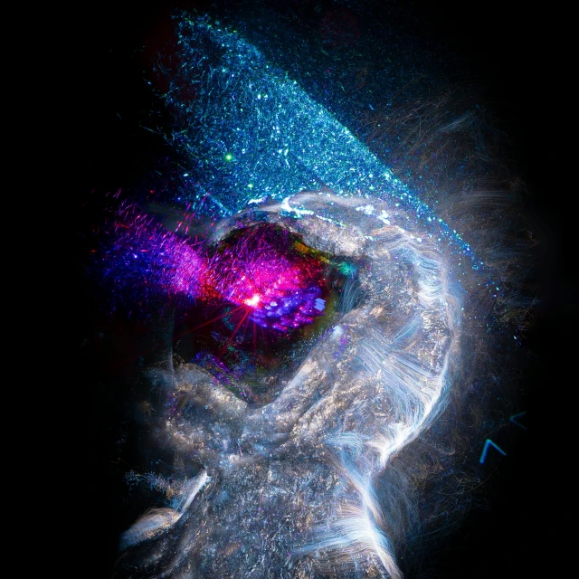 a close up of a person's head with a galaxy in the background, a hologram, by Adam Marczyński, generative art, glinting particles of ice, glass sculpture of a heart, twisted energy flow, ai enhanced digital art