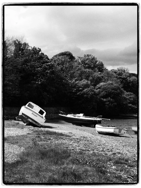 several small boats in a field in front of some trees