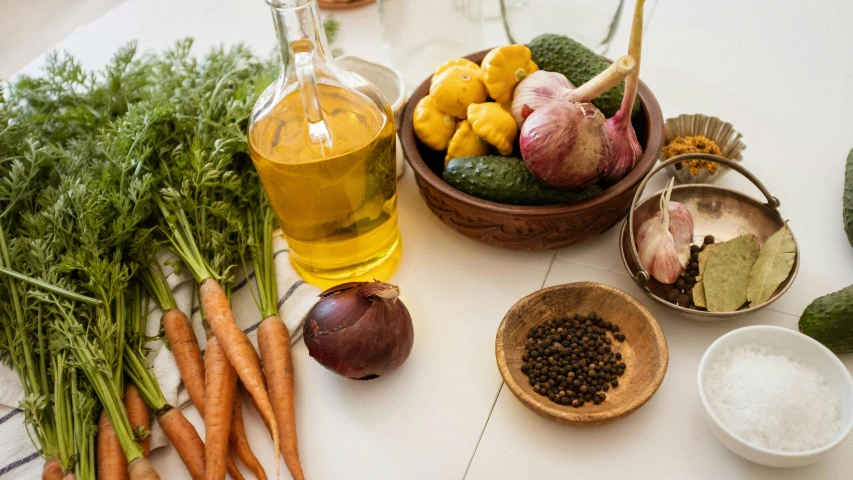 a table topped with lots of different types of vegetables, a still life, unsplash, renaissance, cooking oil, avatar image, closeup - view, brown