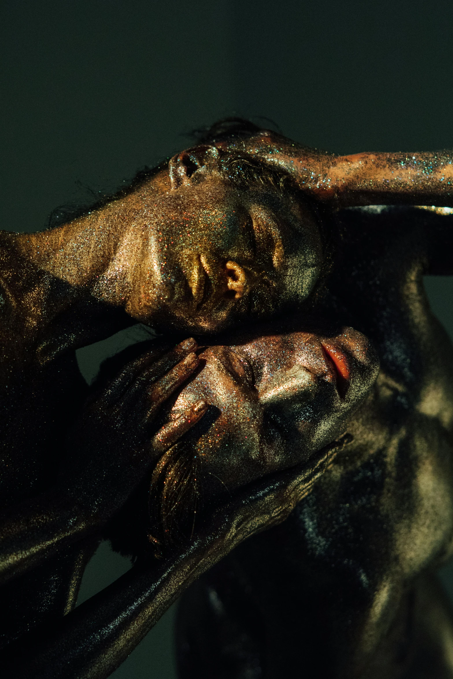 a close up of a person on a horse, an album cover, by Anna Füssli, hyperrealism, entwined bodies, bill henson, jesus hugging a woman, weathered skin