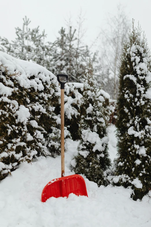 a shovel in the snow next to a pole