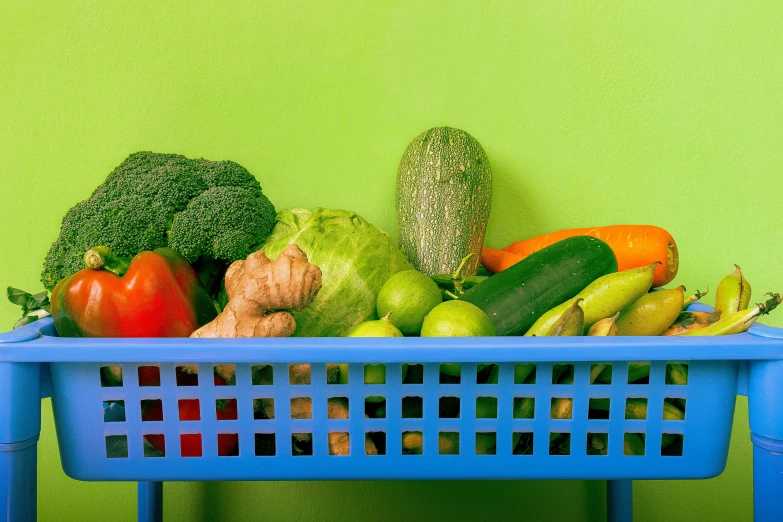 a blue basket filled with lots of different types of vegetables, by Julia Pishtar, rectangle, vibrant green, shelf, healthcare