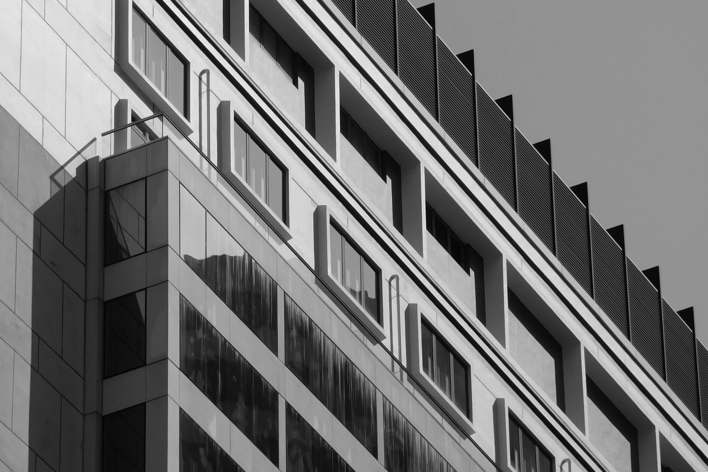 a black and white photo of a tall building, a black and white photo, pexels, brutalism, windows, shot on 1 5 0 mm, reflections. shady, ten flats