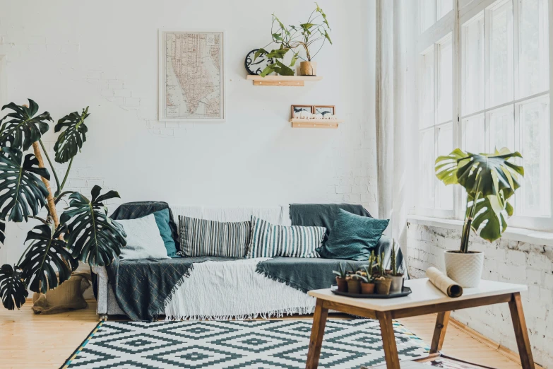 a living room with an upholstered couch and potted plants