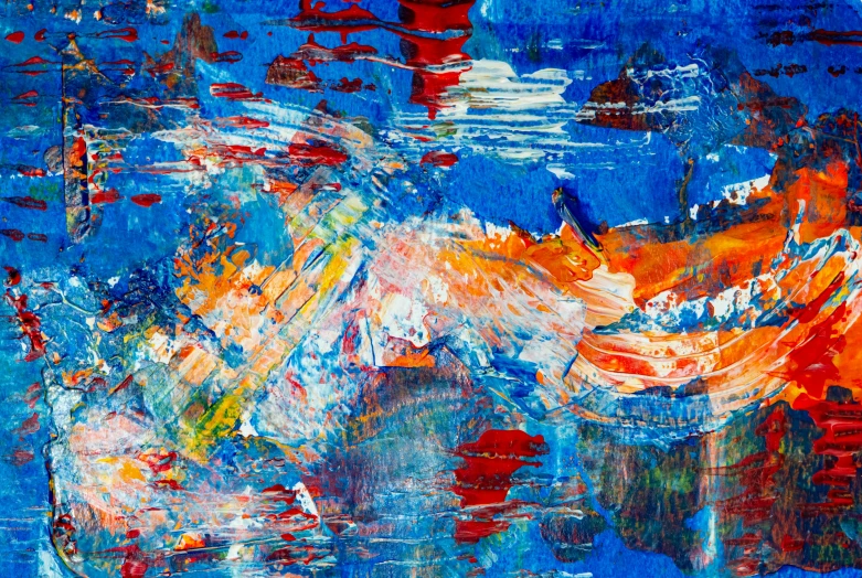 a painting of a bird flying over a body of water, an abstract painting, by Micha Klein, pexels, abstract expressionism, blue and orange color scheme, oil paint impasto reliefs, blue and red, image of random arts