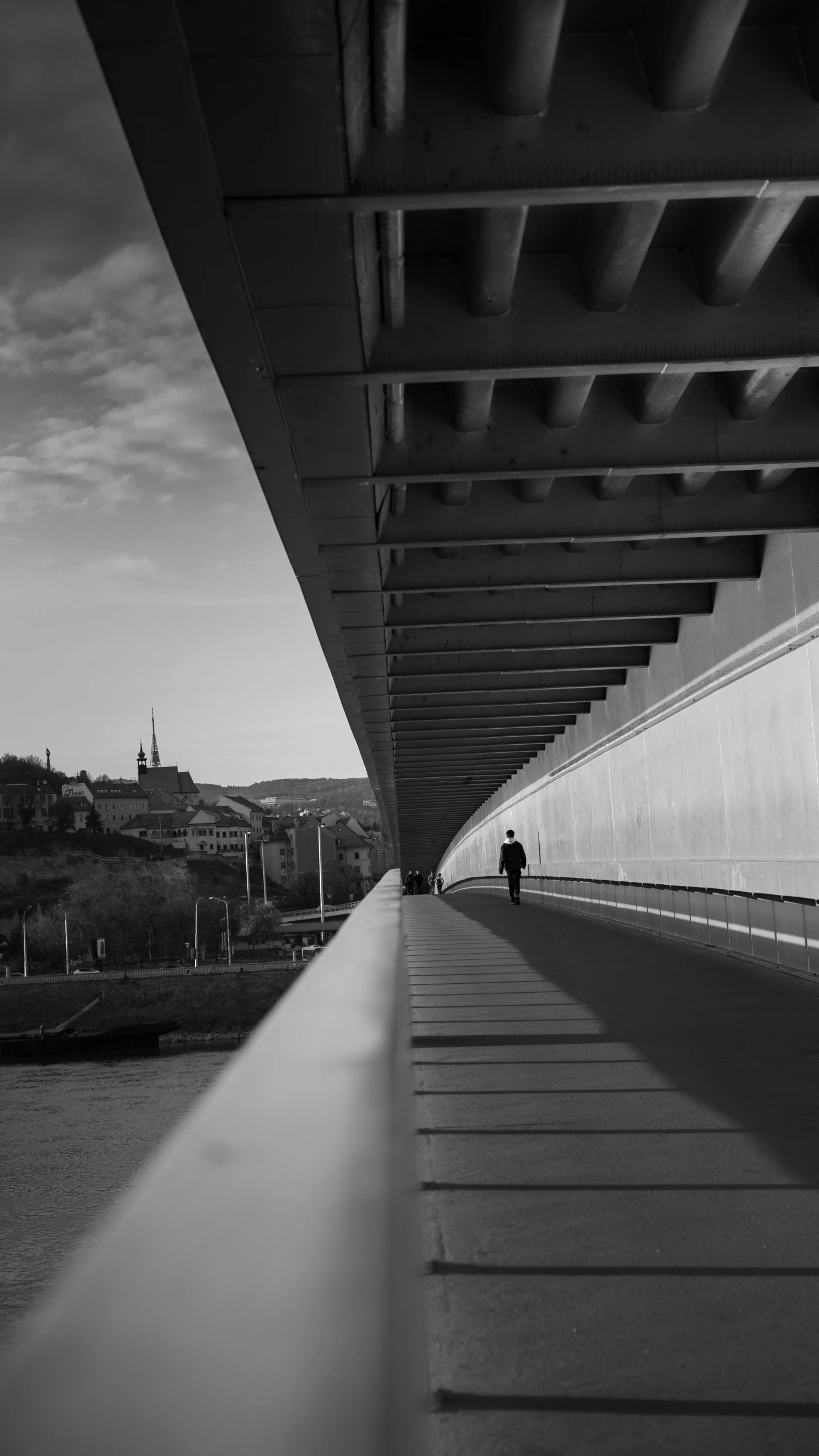 a black and white photo of a person walking under a bridge, budapest, foster and partners, overlooking, detailed medium format photo