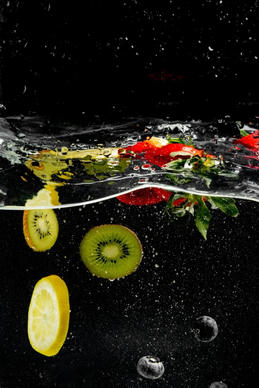 a bunch of fruit floating in the water, an album cover, by Matthias Stom, pexels, black, hydration, effervescent, fresh