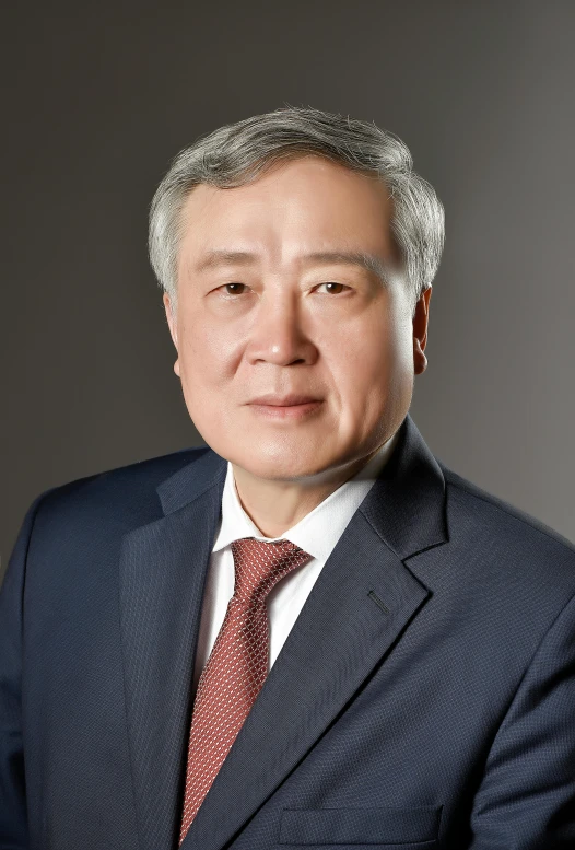 an older asian man in a suit and red tie