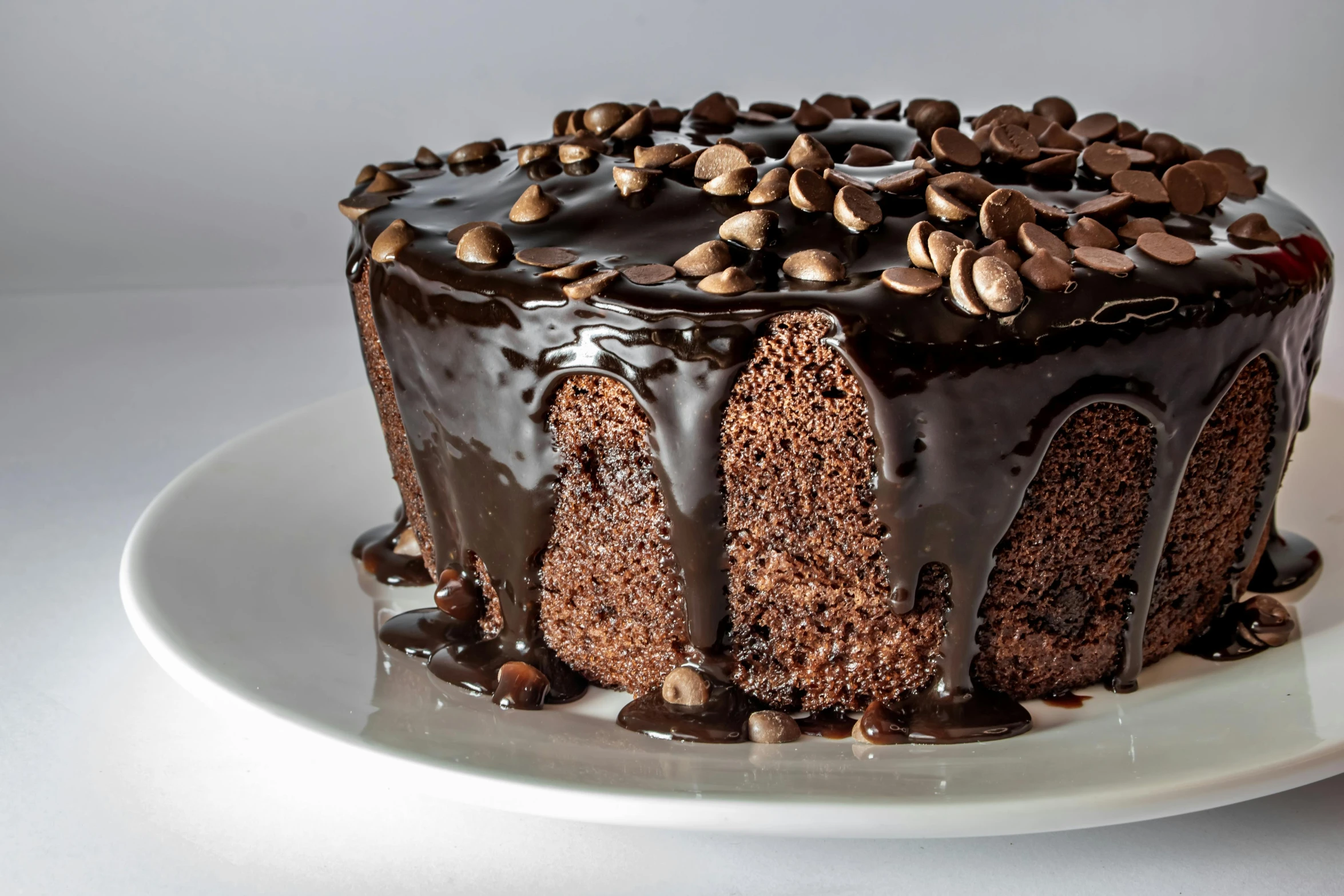 a chocolate cake sitting on top of a white plate