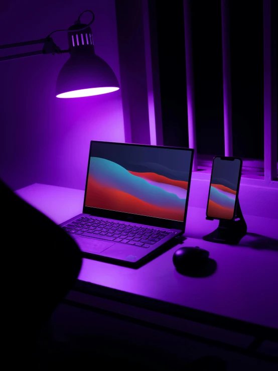 a laptop computer sitting on top of a desk, by Adam Rex, pexels contest winner, computer art, purple accent lighting, amoled, profile picture 1024px, rainbow lighting