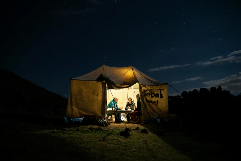 a group of people sitting outside of a tent at night, by Daren Bader, pexels contest winner, quechua, natural morning light, profile image, panoramic shot