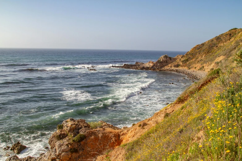 rocky cliff overlooks an ocean with green vegetation