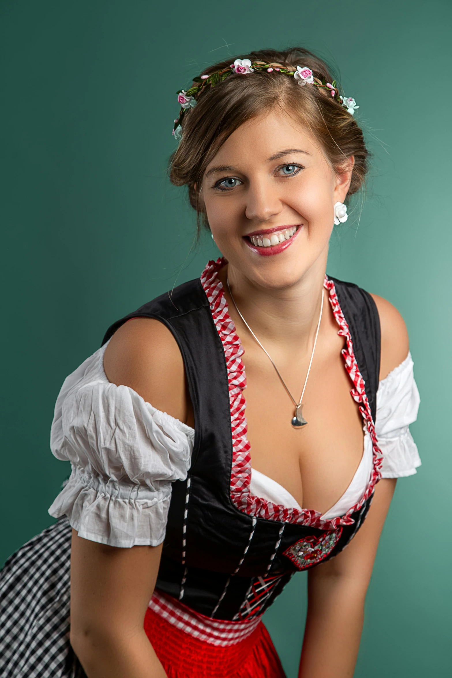 a woman in a dir dir dir dir dir dir dir dir dir dir dir dir dir dir, a colorized photo, by Matthias Stom, octoberfest, elegant smiling pose, studio photoshot, chest