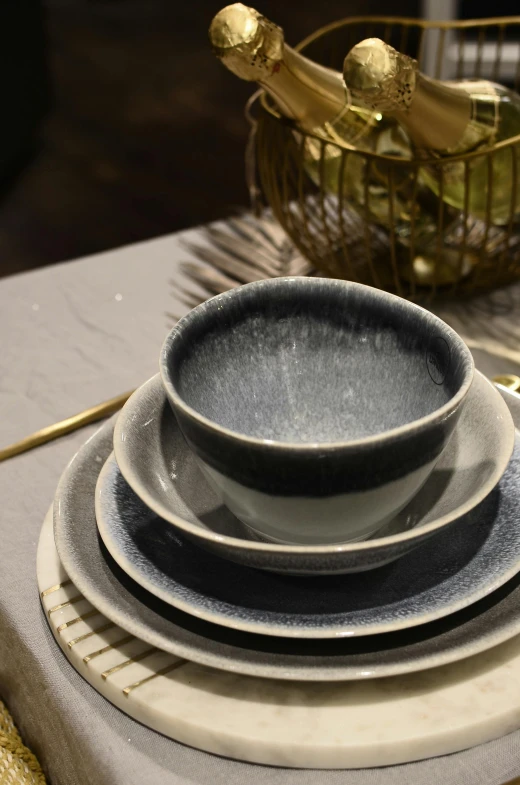 a close up of plates and bowls on a table, charcoal and champagne, navy, product display photograph, soup
