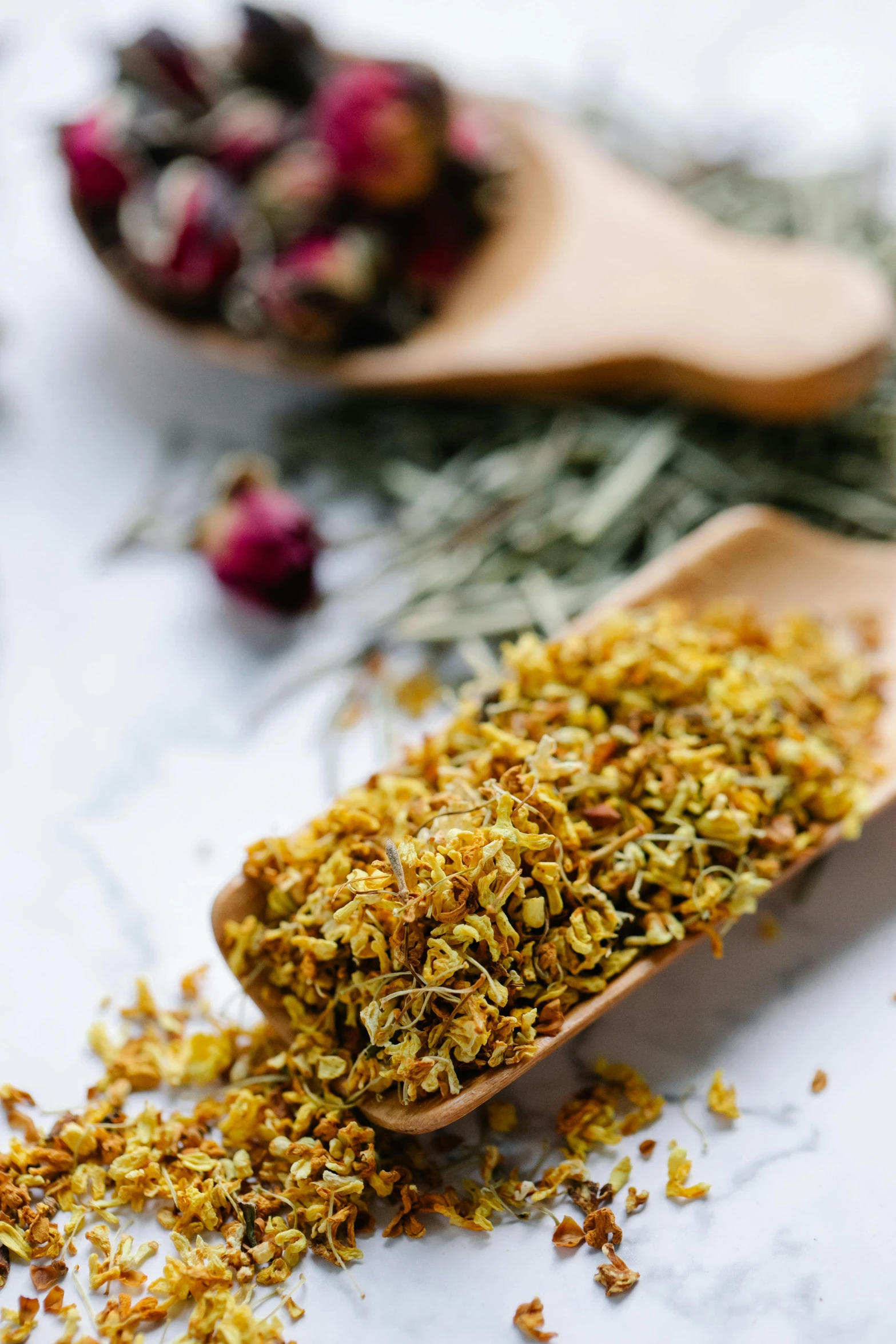 a wooden spoon filled with dried herbs, renaissance, gold flaked flowers, thumbnail, body shot, uncropped